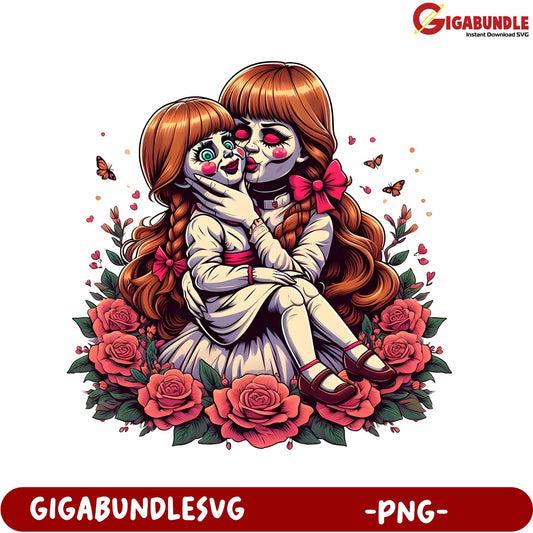 Charming Doll Graphic Illustration with Roses - PNG Format