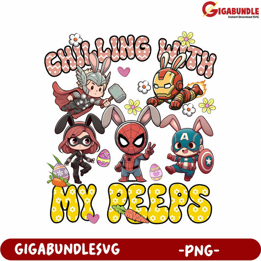 Charming Easter Bunny Design with Superhero Characters PNG