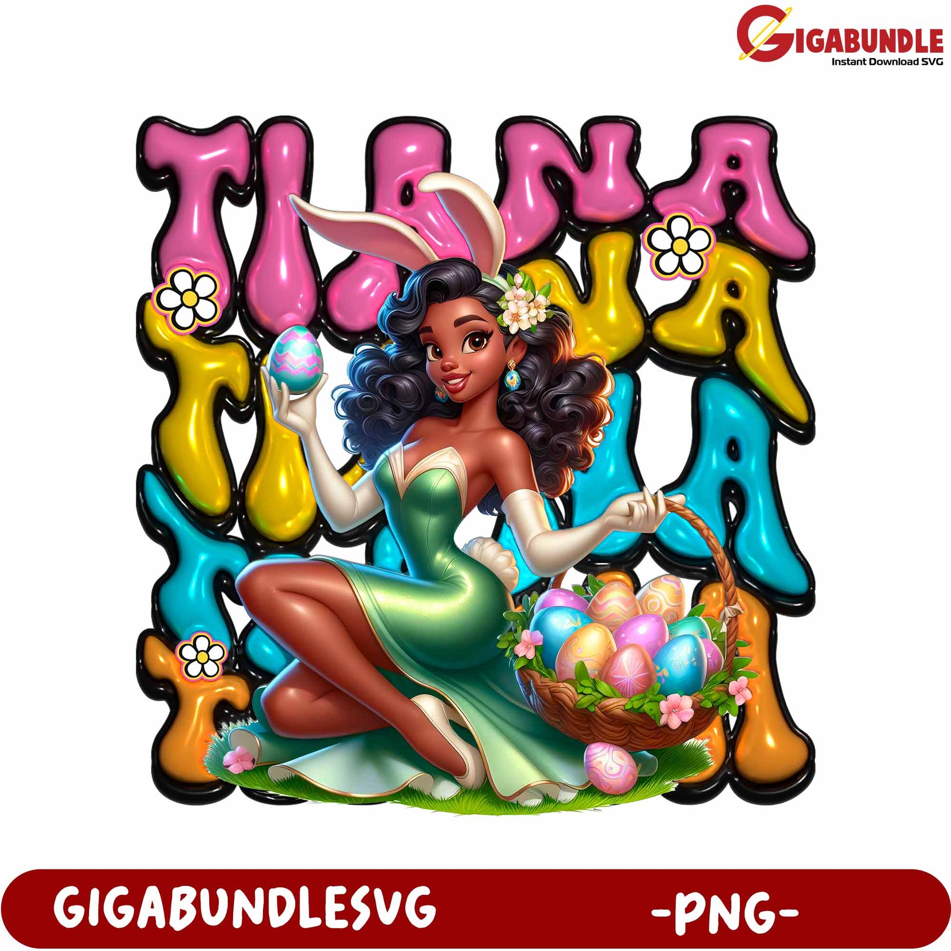Charming Easter Bunny Girl PNG with Colorful Egg Basket Art