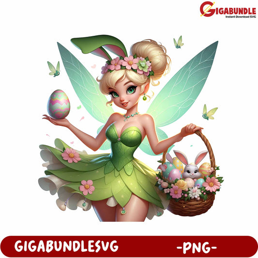Charming Easter Fairy with Basket and Decorated Egg - PNG