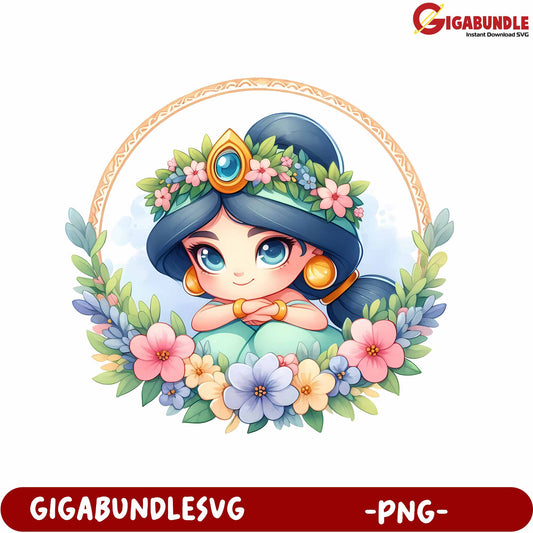 Charming Floral Princess Illustration in PNG Format - GIGABUNDLE