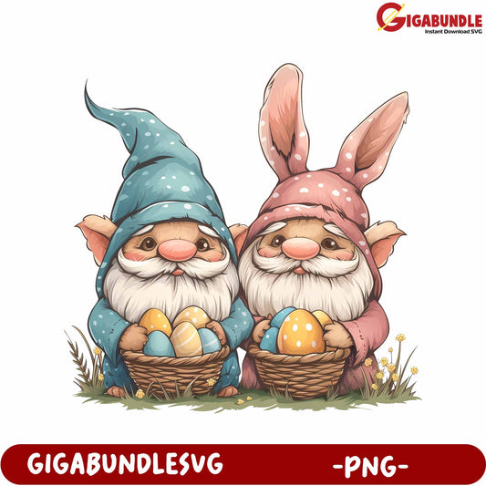 Charming Gnomes Collecting Colorful Easter Eggs - PNG Art