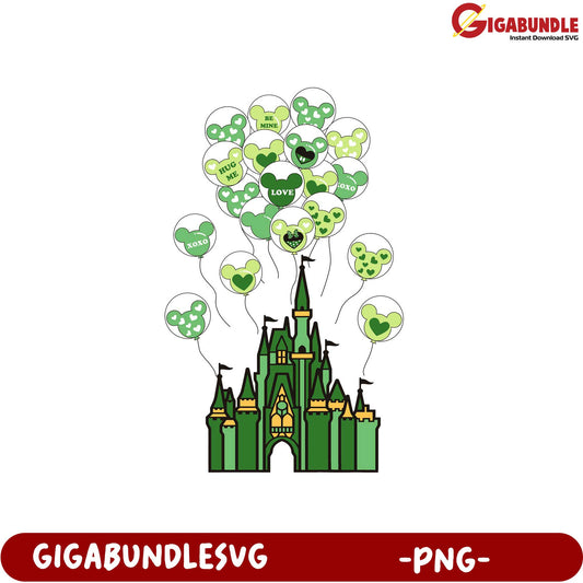 Charming Green Castle with Heart Balloons PNG Art Design