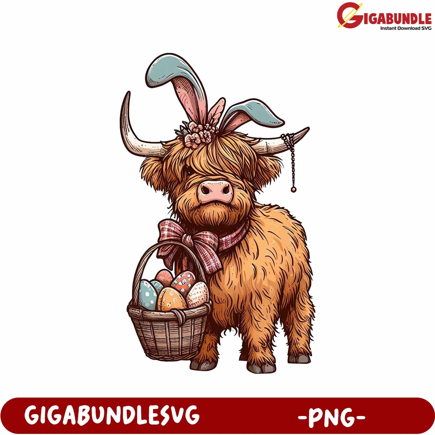 Charming Highland Cow with Easter Basket PNG Artwork Design