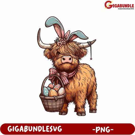 Charming Highland Cow with Easter Basket PNG Artwork Design