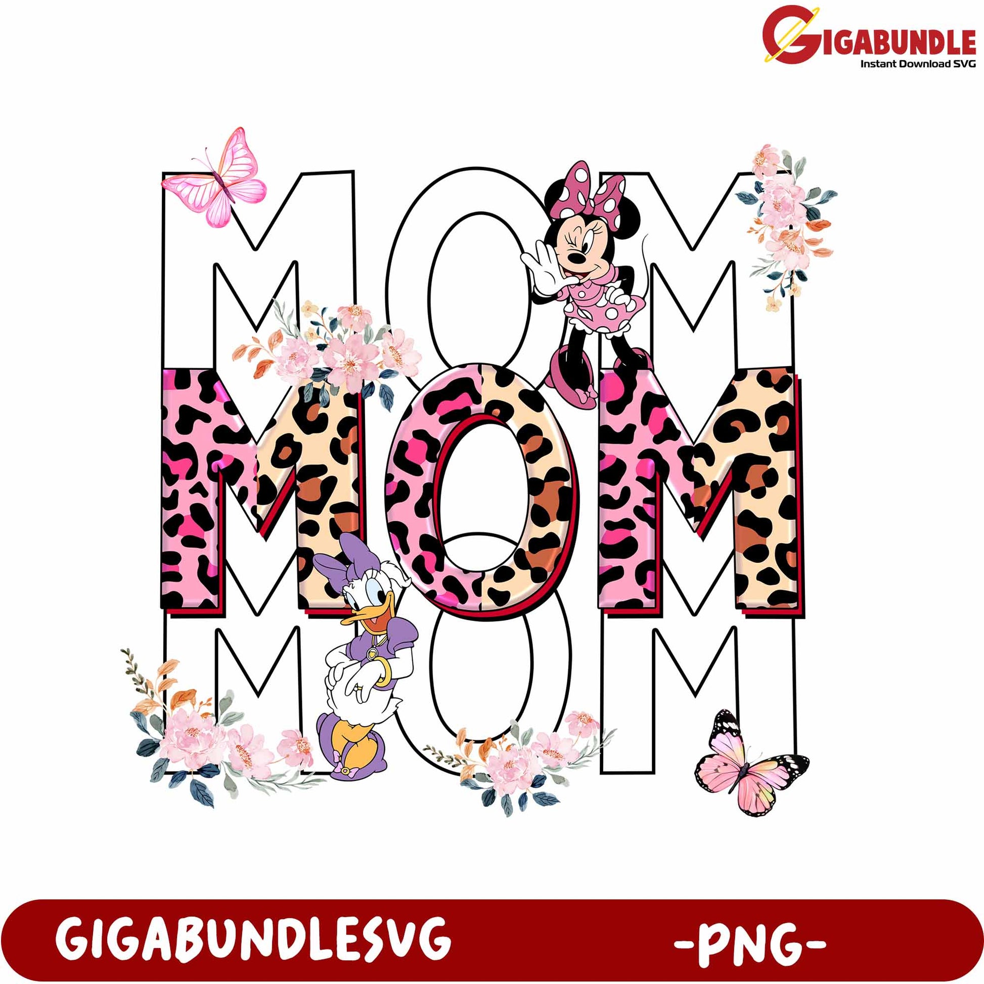 Charming Mom Design with Disney Characters and Floral Elements PNG