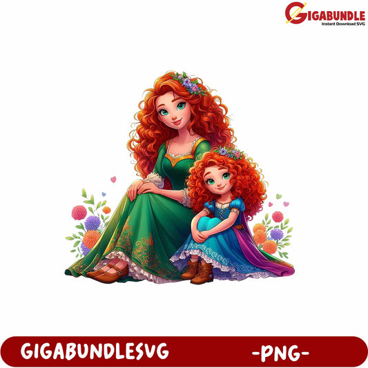 Charming Mother and Daughter with Curly Hair Illustration PNG File