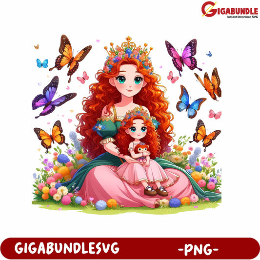 Charming Princess with Daughter and Butterflies PNG Artwork