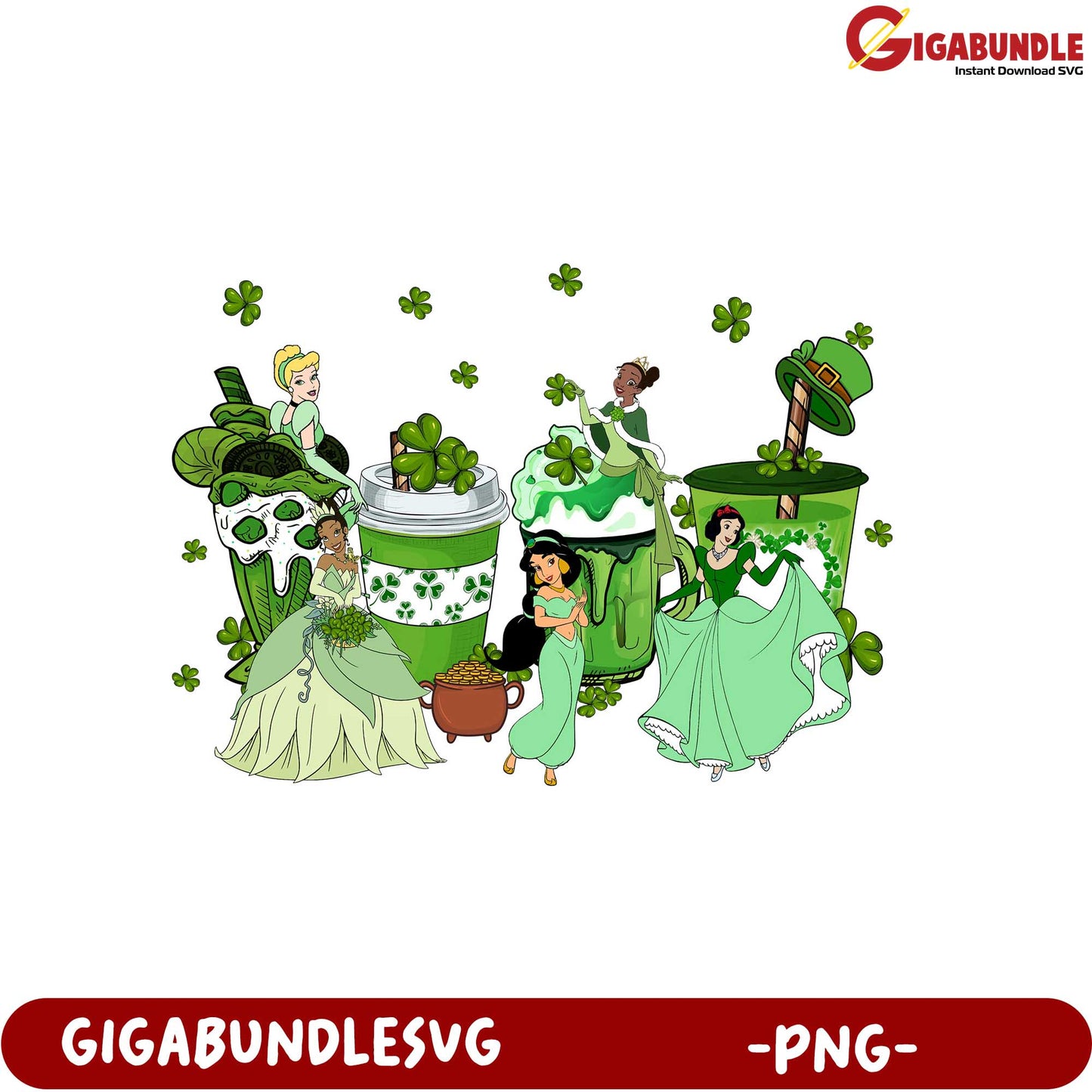 Charming St. Patrick's Day PNG with Green Drinks and Fairytale Characters