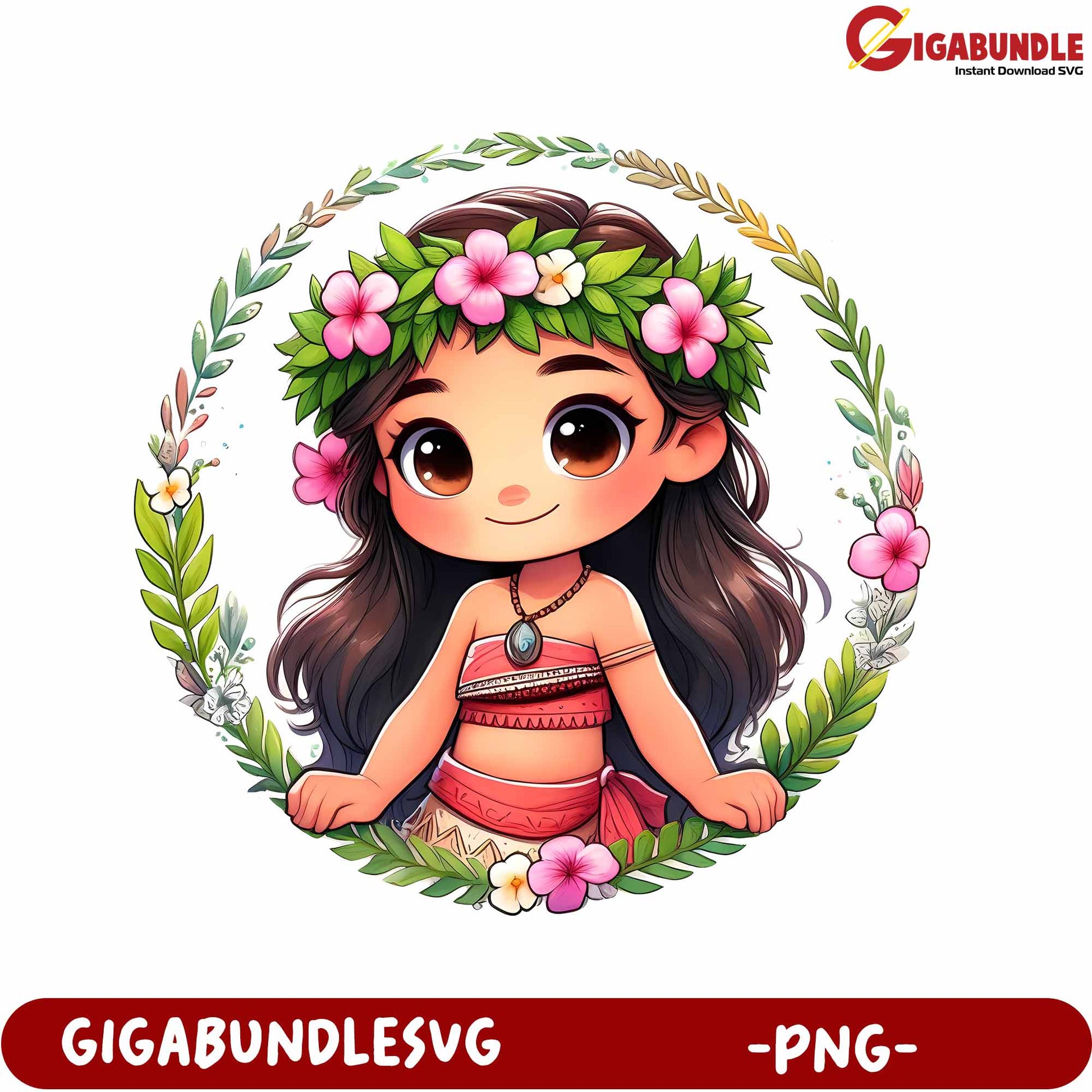 Charming Tropical Girl PNG Art with Floral Wreath Design
