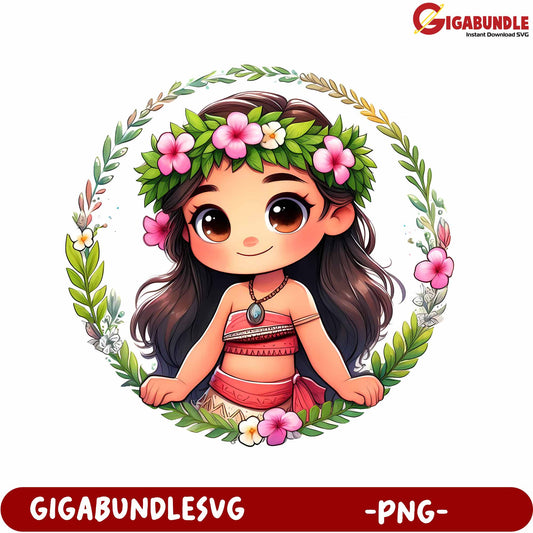 Charming Tropical Girl PNG Art with Floral Wreath Design