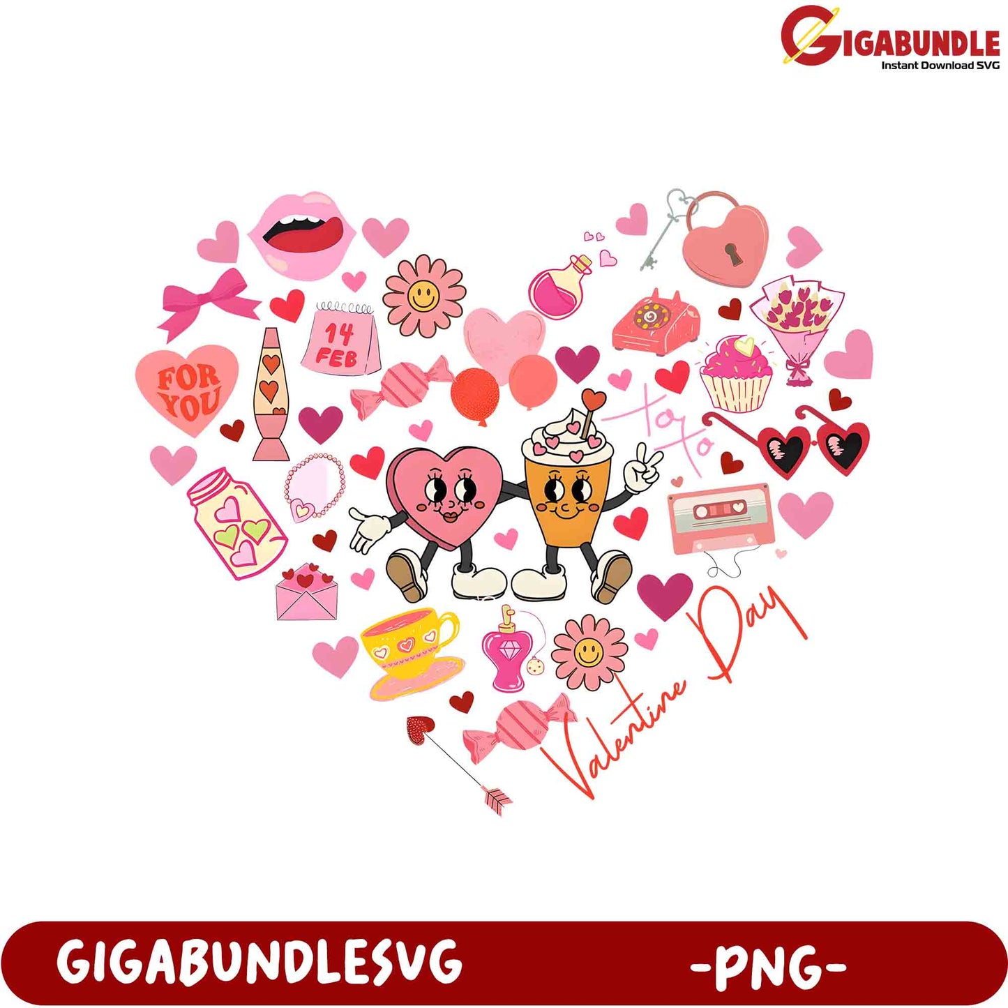 Charming Valentine's Day PNG Heart Design with Cute Characters and Icons