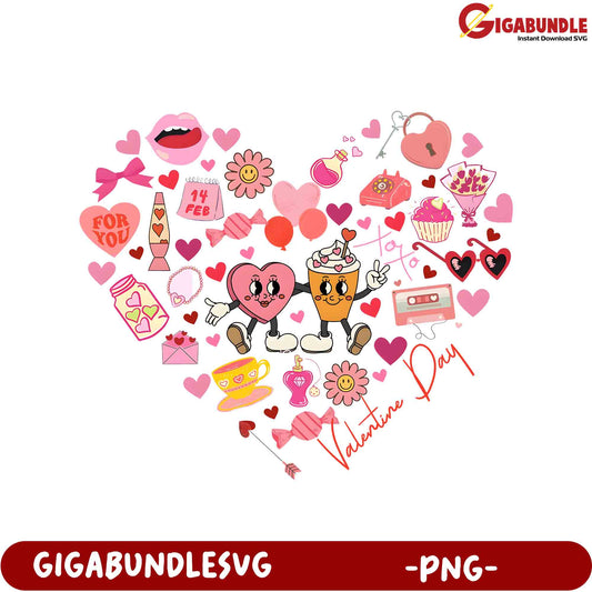 Charming Valentine's Day PNG Heart Design with Cute Characters and Icons