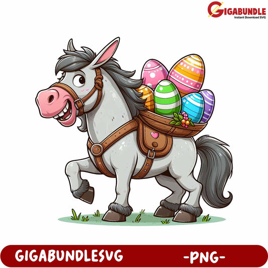 Cheerful Cartoon Horse Carrying Colorful Easter Eggs PNG Art