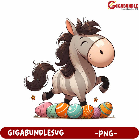Cheerful Cartoon Horse with Colorful Easter Eggs PNG Design