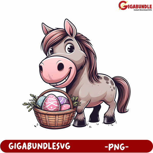 Cheerful Cartoon Horse with Easter Eggs in Basket PNG Design