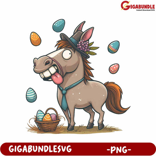 Cheerful Horse Juggling Colorful Eggs PNG for Easter Celebrations