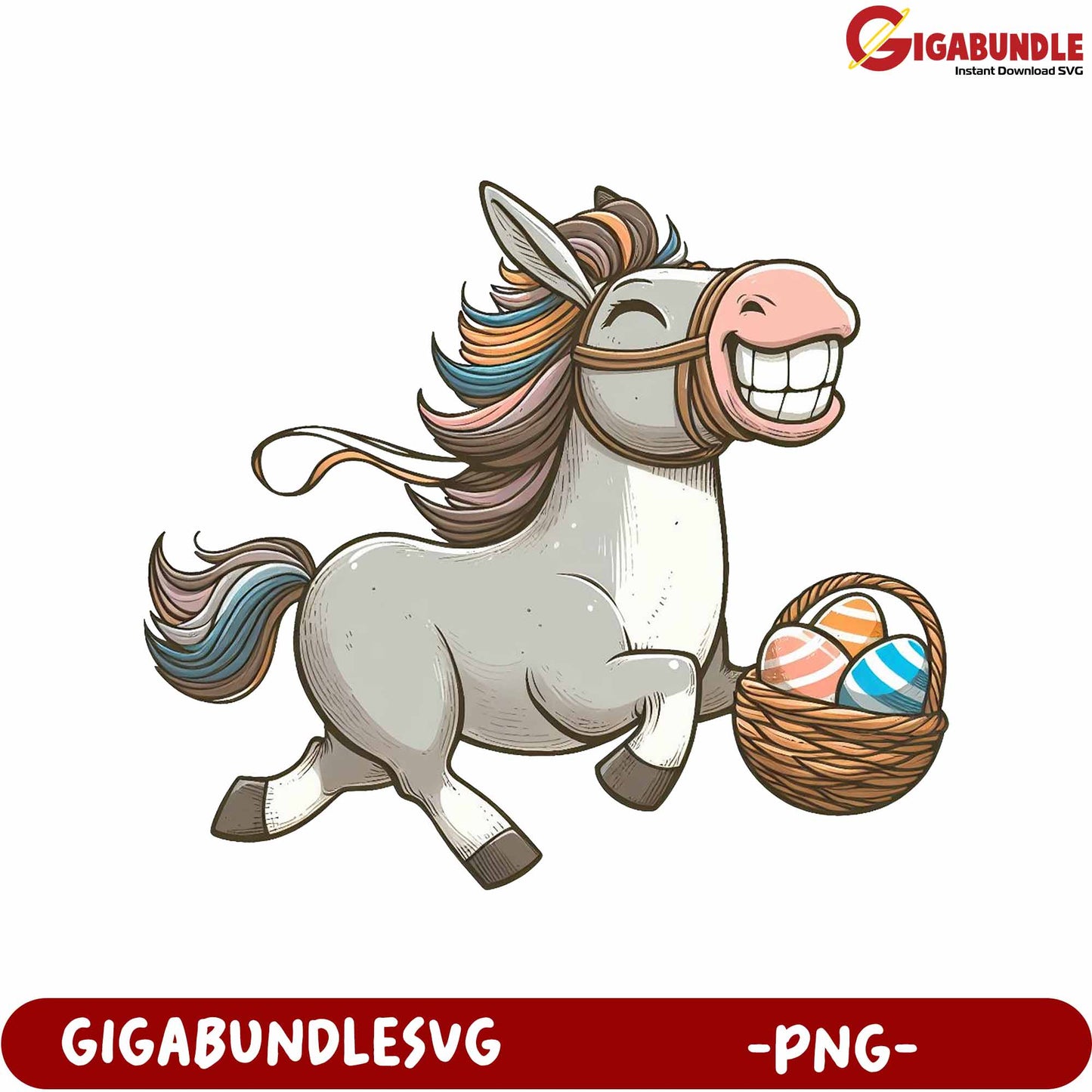 Cheerful Horse with Easter Egg Basket PNG Graphic Download