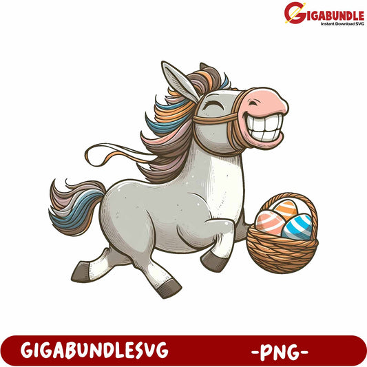 Cheerful Horse with Easter Egg Basket PNG Graphic Download
