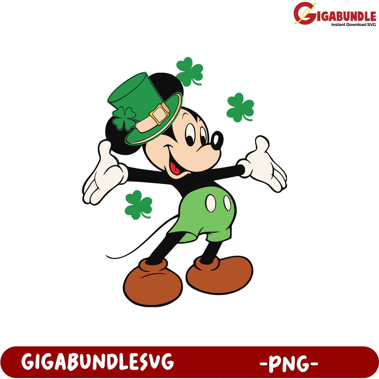 Cheerful Mickey Mouse PNG with Shamrocks for St. Patrick's Day