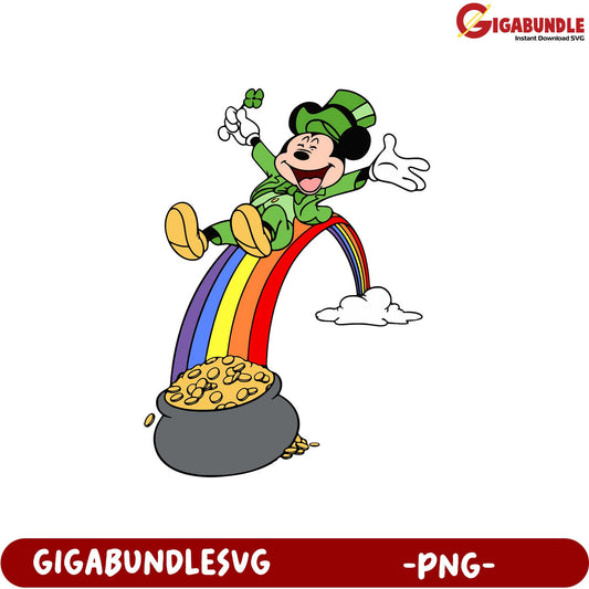 Cheerful Mickey Mouse on a Rainbow with Pot of Gold - PNG