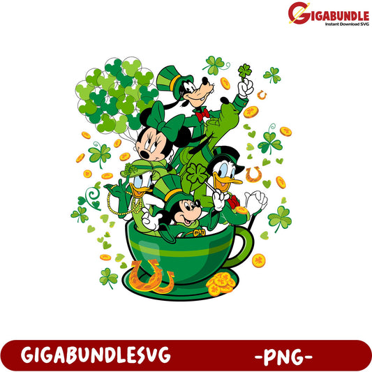 Cheerful St. Patrick’s Day Disney Characters in a Tea Cup PNG