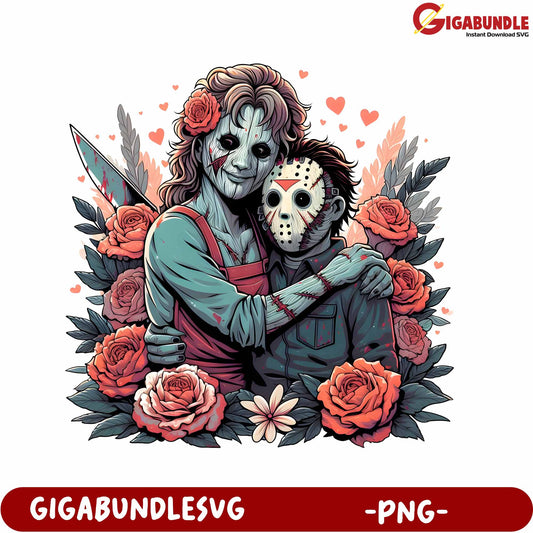 Chilling Horror Couple Embrace with Flowers - PNG Artwork