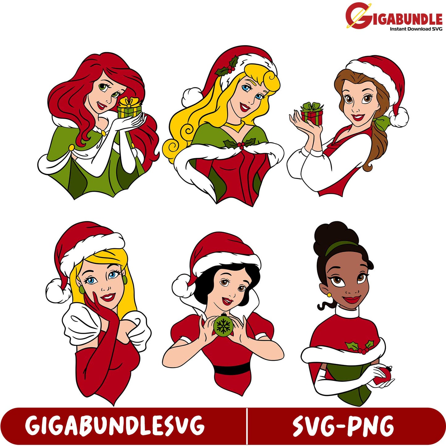 Christmas Princess SVG Bundle  Holiday Clipart Set Download