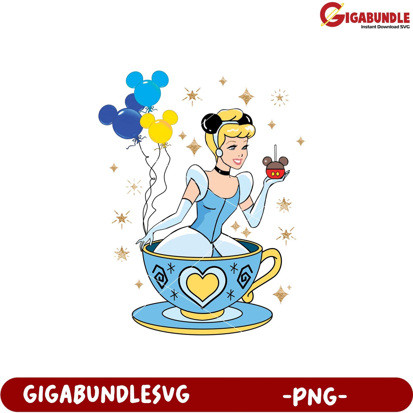 Cinderella Celebrating in Teacup with Balloons PNG Design