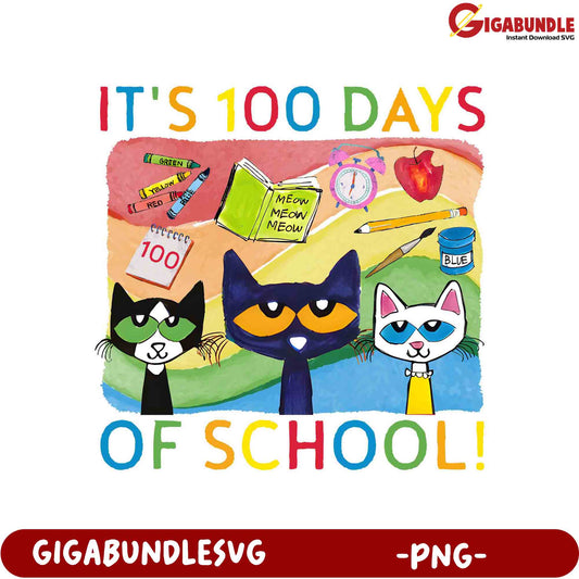 Colorful 100 Days of School Cats PNG Art for Kids