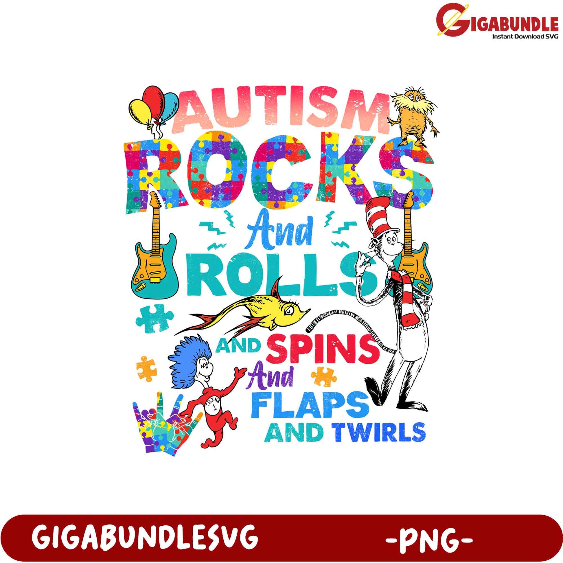 Colorful Autism Rocks and Rolls Fun Art PNG Design