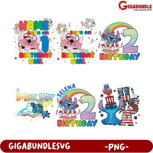 Colorful Birthday PNG Bundle for Kids - Customizable Designs