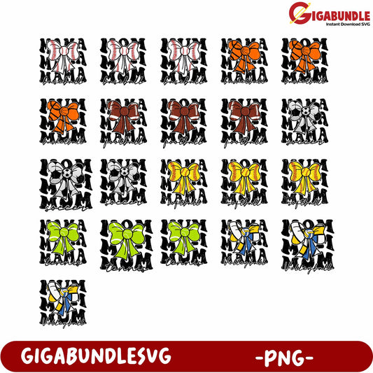 Colorful Bow Graphics for Mama Sports Designs in PNG Format