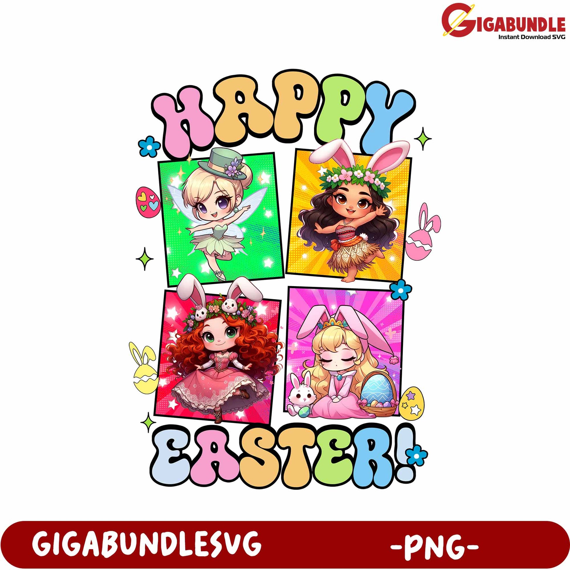Colorful Bunny Characters Happy Easter PNG Digital Download Art