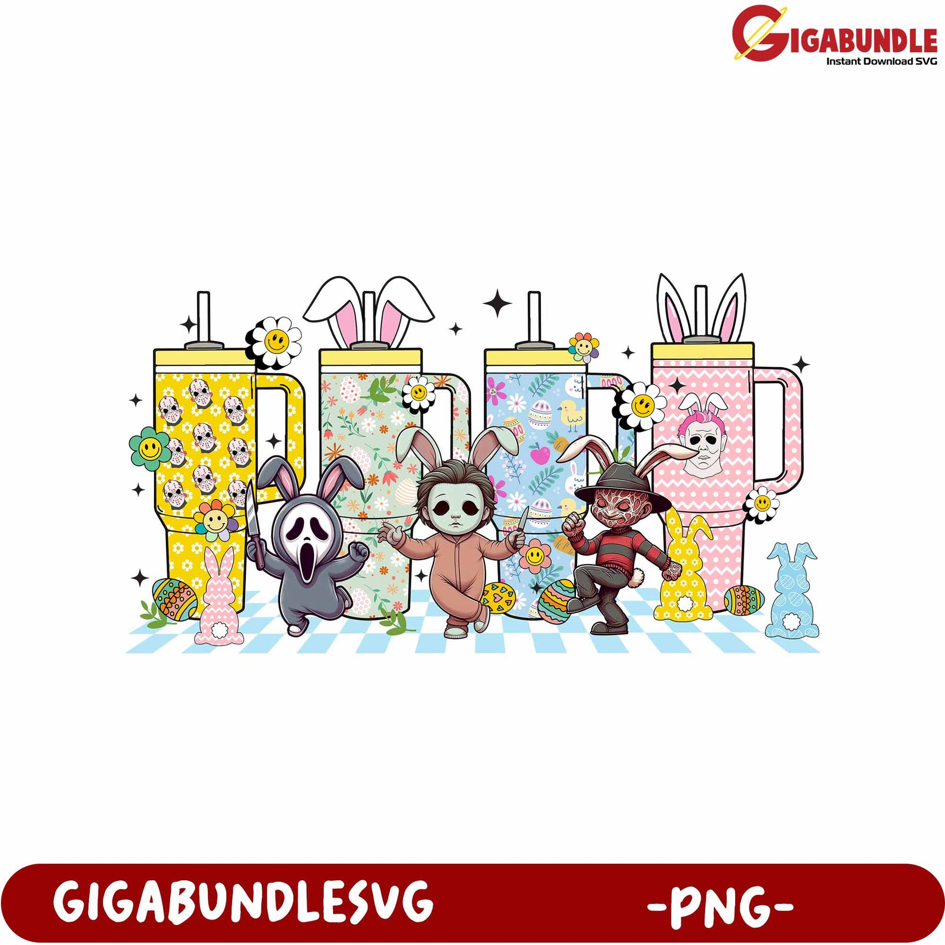 Colorful Bunny Characters with Cups PNG for Fun Designs