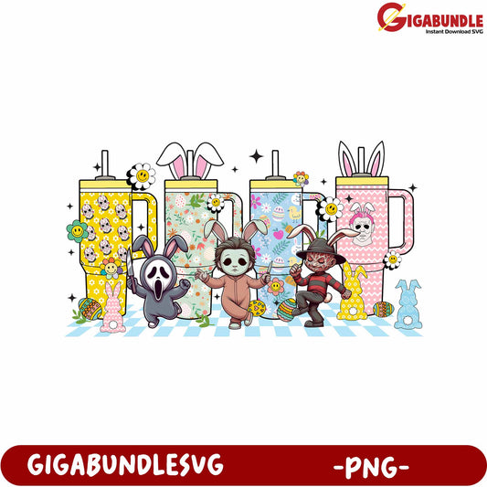 Colorful Bunny Characters with Cups PNG for Fun Designs