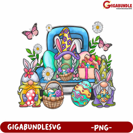 Colorful Bunny Gnomes with Easter Eggs and Flowers – PNG Format