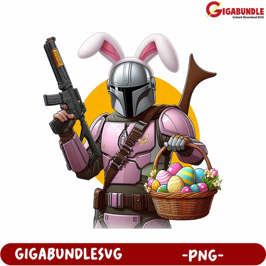 Colorful Bunny Hunter with Basket of Eggs PNG Graphic Design