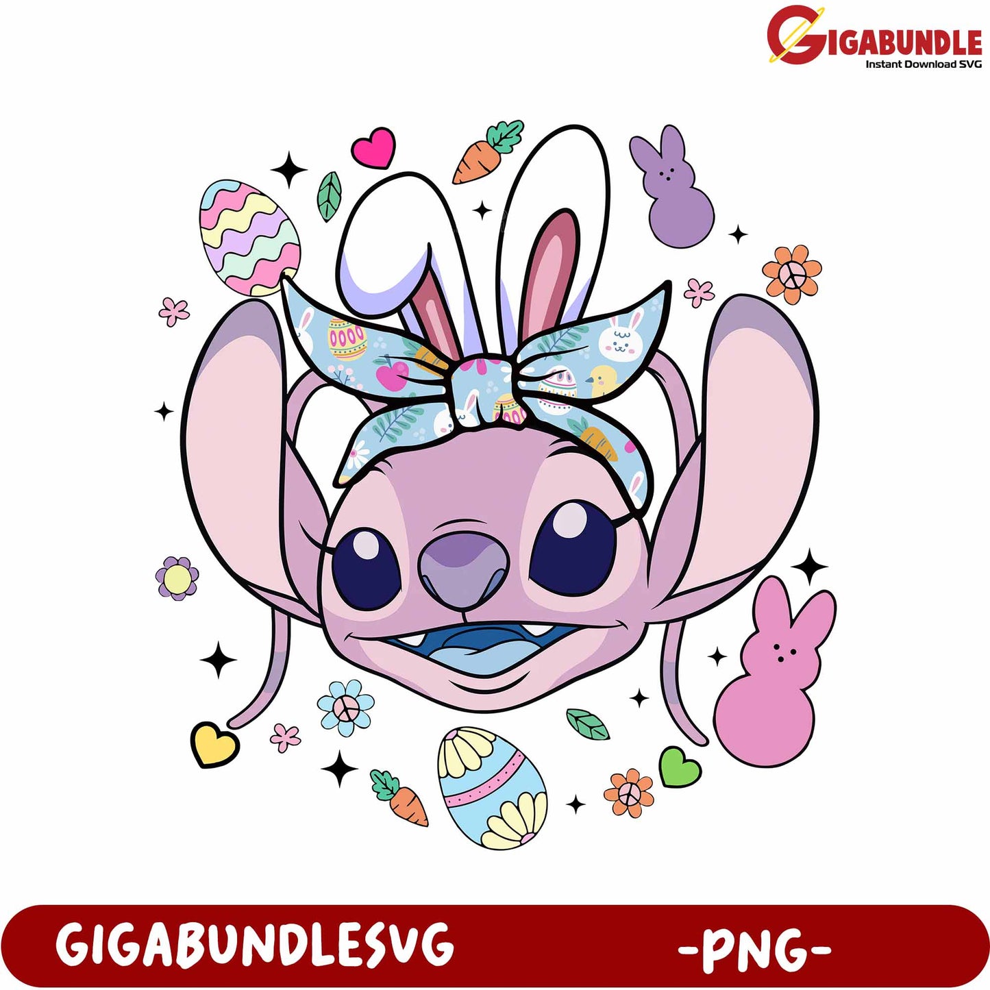 Colorful Bunny Stitch PNG with Easter Eggs and Flowers Design