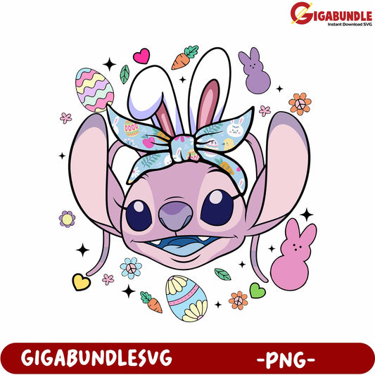 Colorful Bunny Stitch PNG with Easter Eggs and Flowers Design