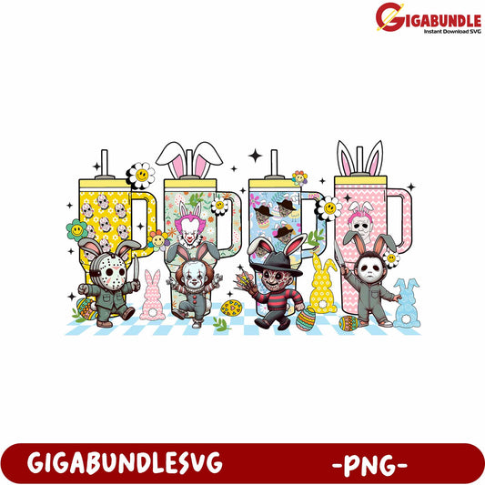 Colorful Cartoon Bunny Characters with Fun Drink Cups PNG