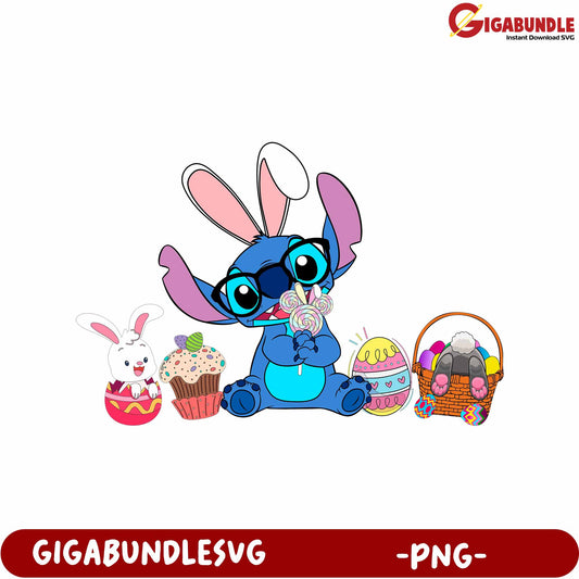 Colorful Cartoon Character with Sweets and Easter Decorations PNG