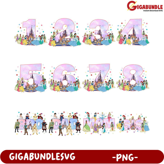 Colorful Disney Princess Number Bundle PNG for Kids' Decor