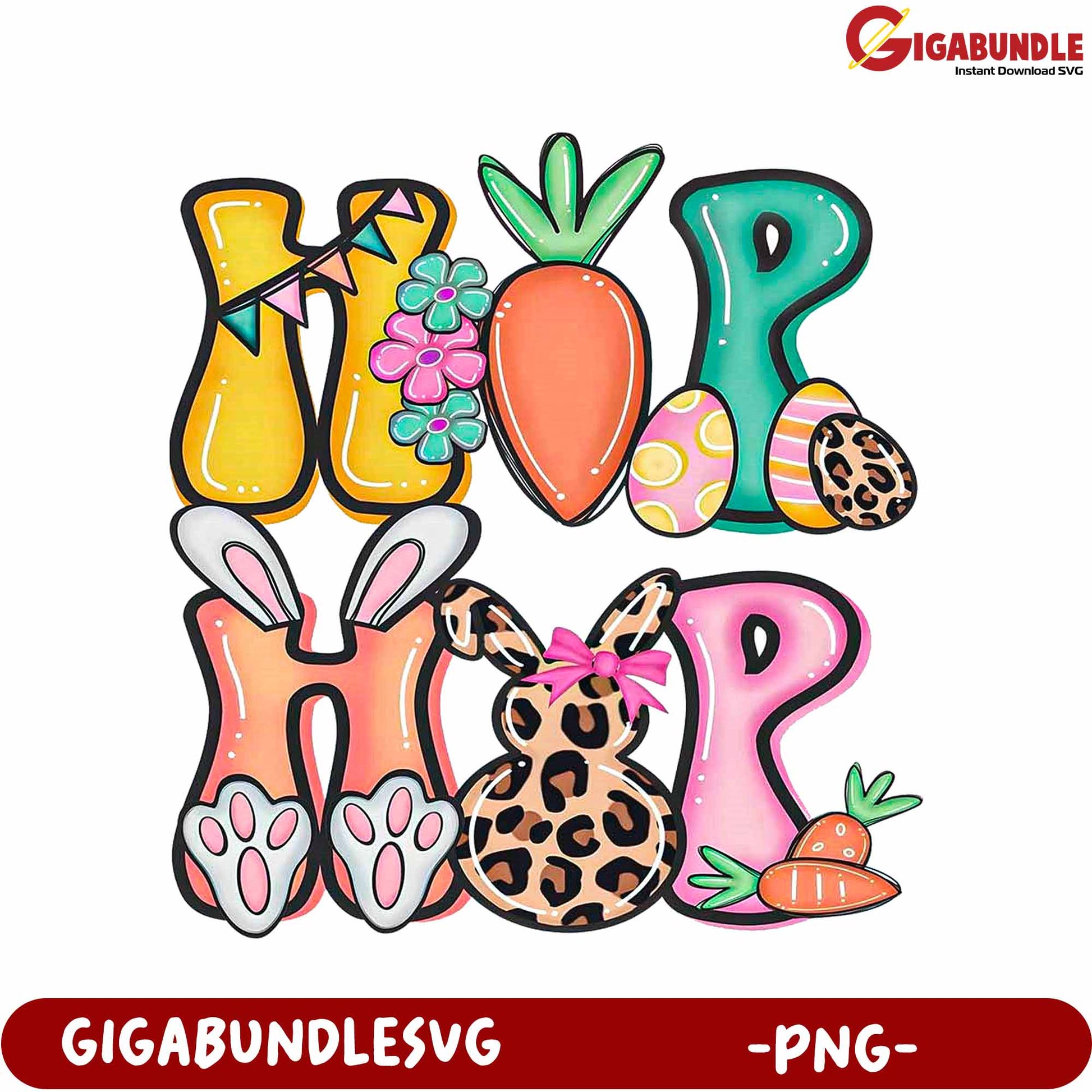 Colorful Easter Bunny Decor with Hop Letters - PNG Design