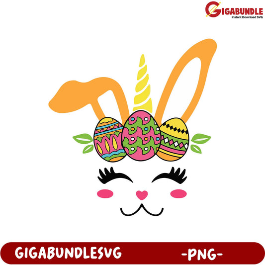 Colorful Easter Bunny PNG with Eggs and Unicorn Horn Design