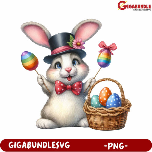 Colorful Easter Bunny with Basket and Eggs - PNG Download