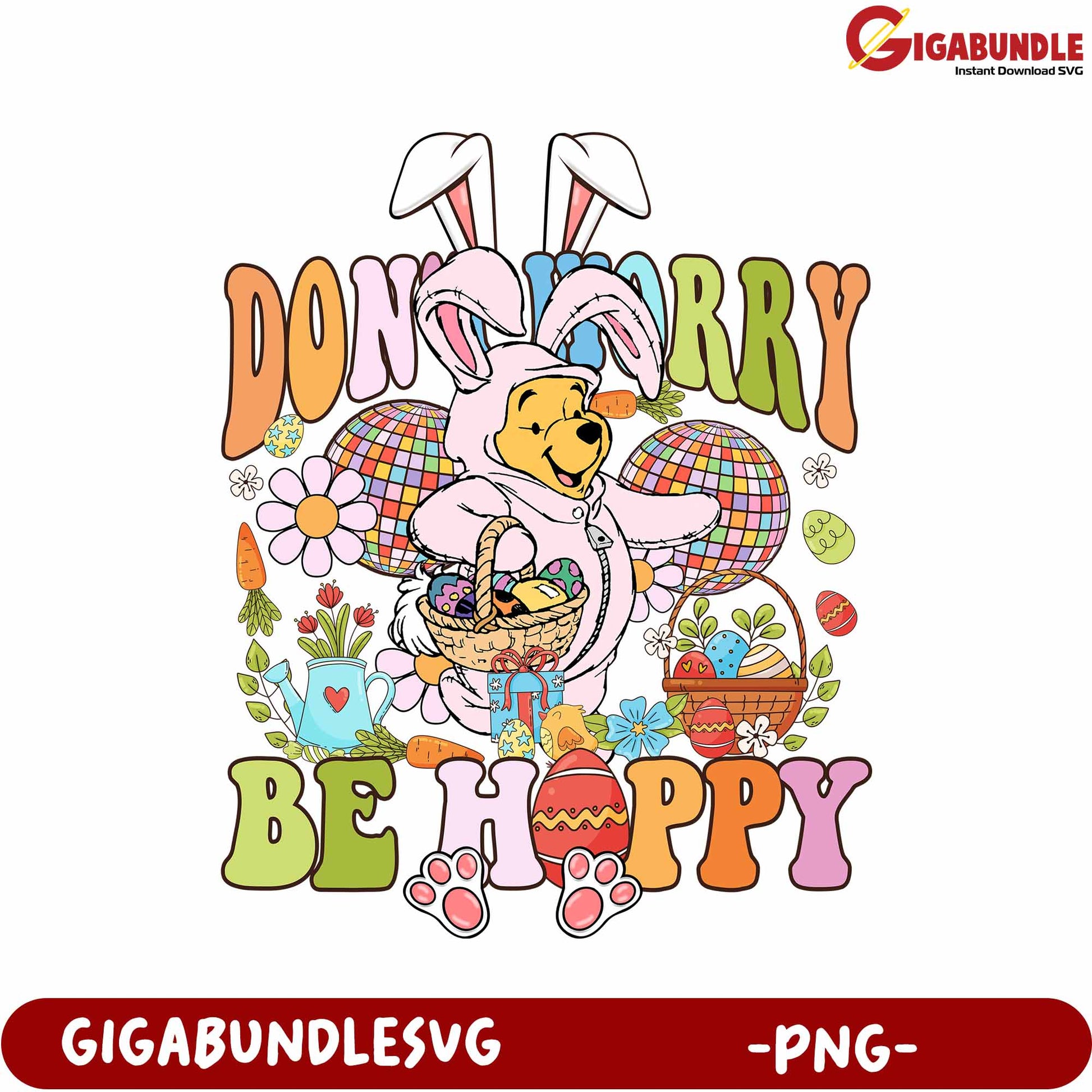 Colorful Easter Bunny with Flowers and Eggs PNG Artwork