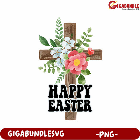 Colorful Easter Cross Design with Flowers in PNG Format