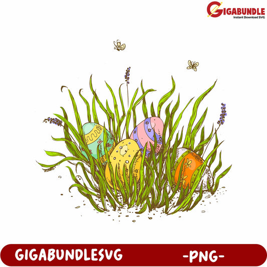 Colorful Easter Eggs Surrounded by Grass and Flowers - PNG