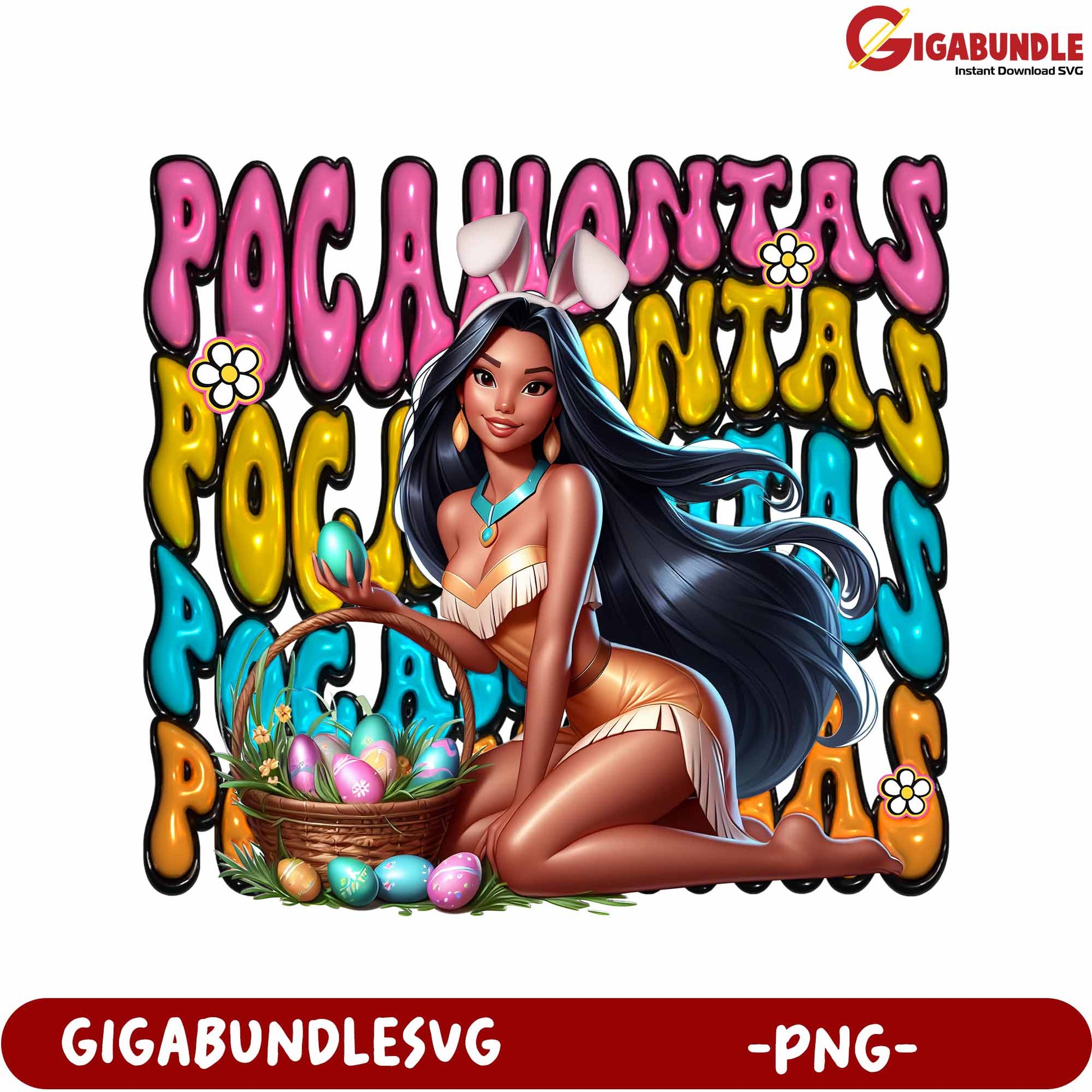 Colorful Easter Pocahontas PNG Design with Eggs and Bunny Ears